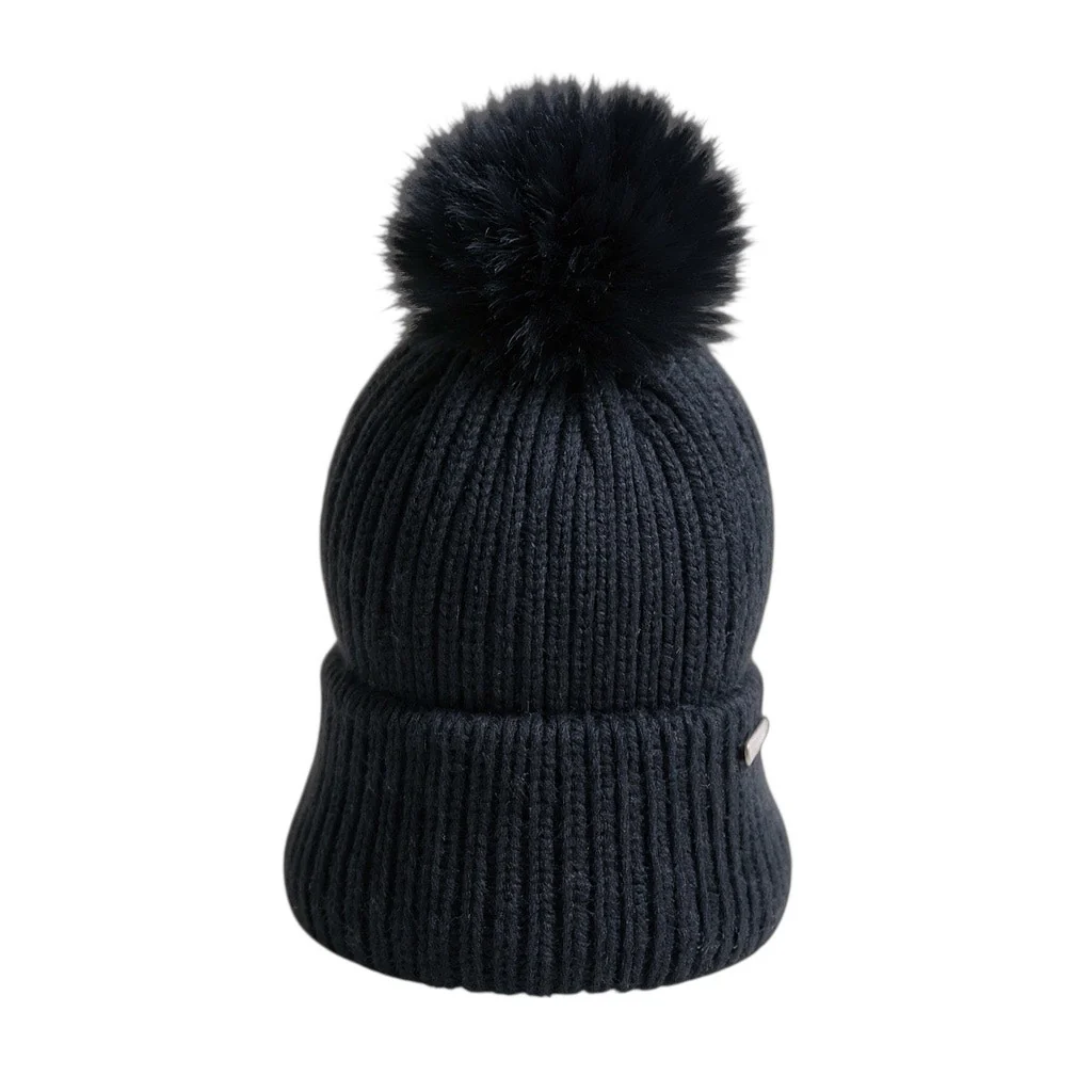Steve Madden Black Rib Knit Cuffed Pom Pom Winter Snow Beanie Cap Hat One Size - Image 3