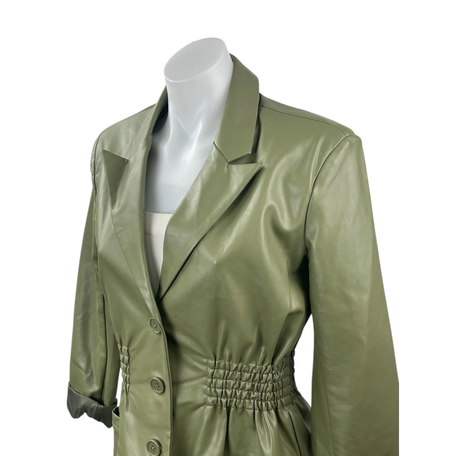 Steve Madden Frida Green Faux Leather Vegan Smocked Waist Coat Jacket Size XS - Image 2