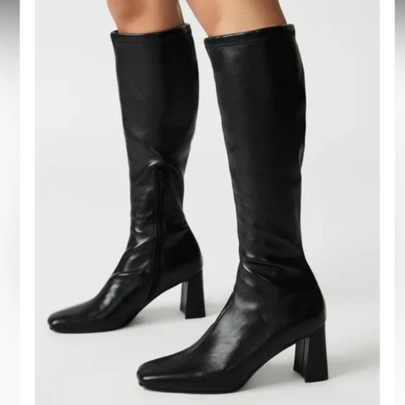 Steve Madden Holly Black Leather Block Heel Knee High Square Toe Boots Size 8.5M - Image 2