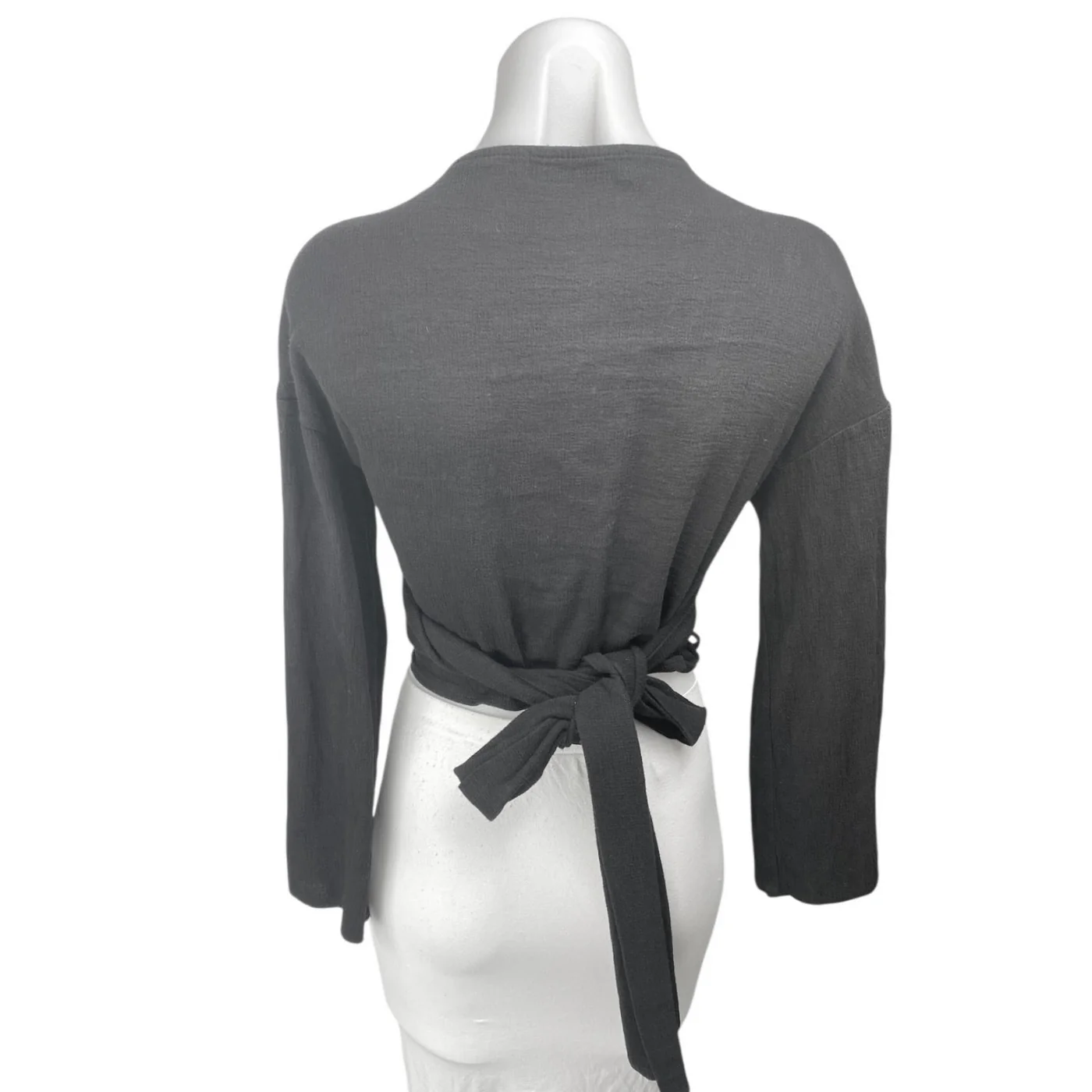 Storets Women's Black Long Bell Sleeves Tie Cropped V Neck Wrap Blouse Top Sz S - Image 2