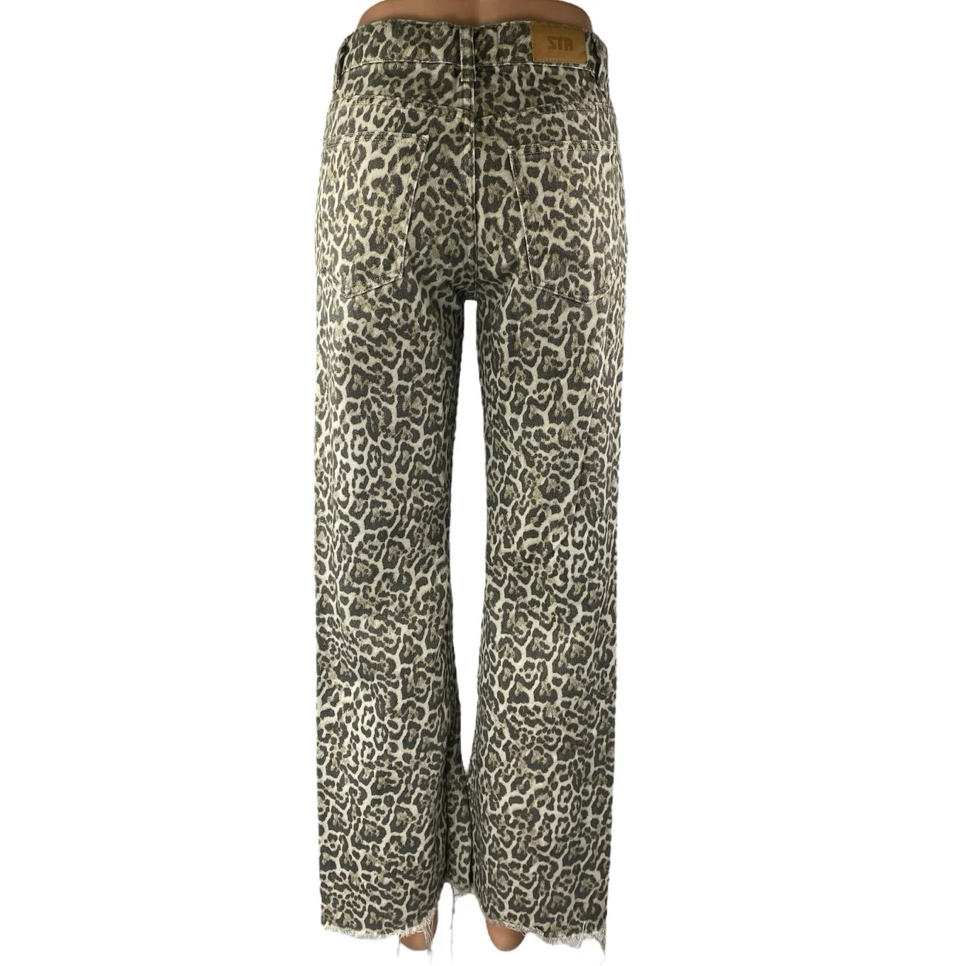 STR Teen Beige Black Leopard Straight Frayed Loose Raw Hem Denim Jeans Size 2 - Image 3