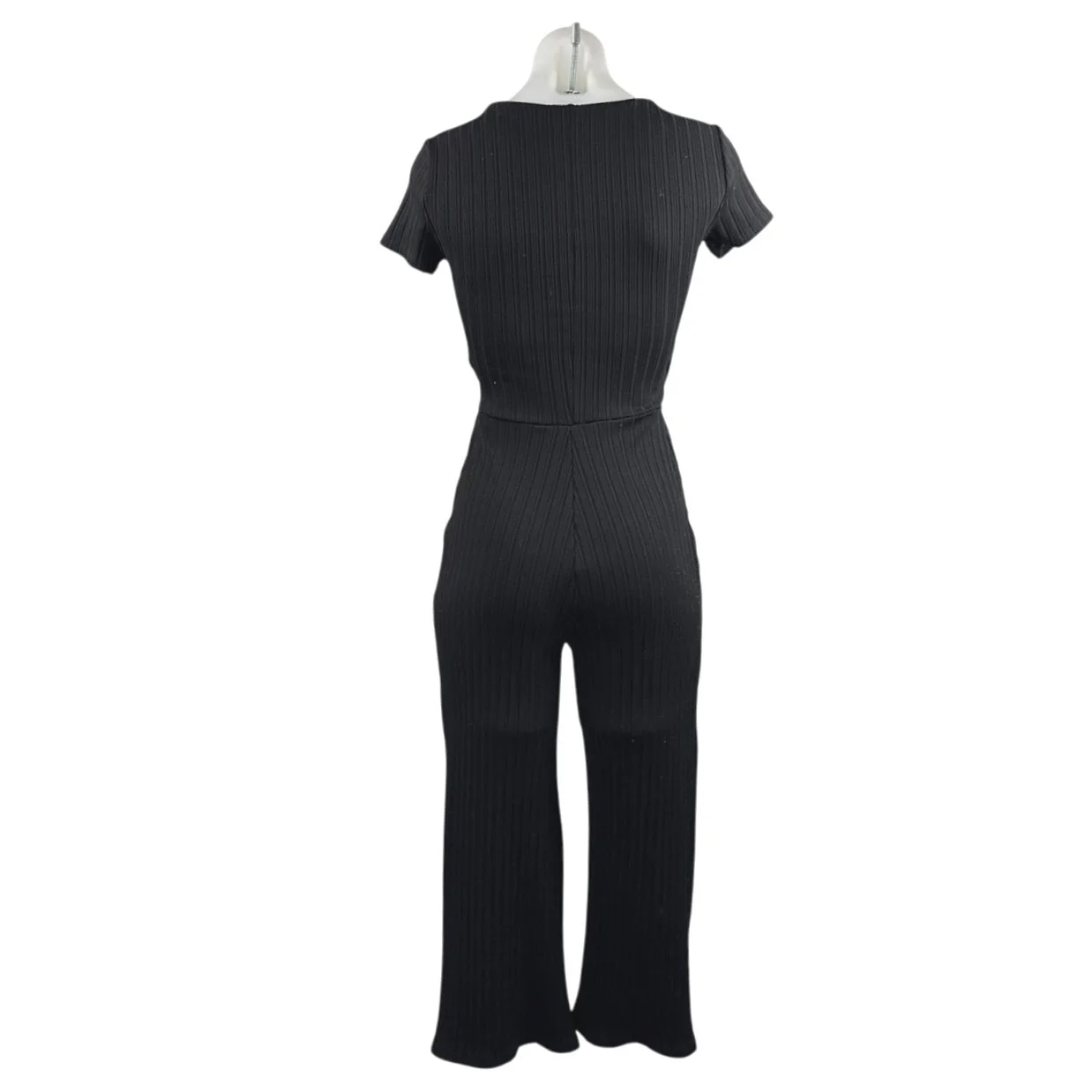 Stradivarius Black Short Sleeve Rib Knit Deep V Neck Faux Wrap Jumpsuit Size S - Image 3