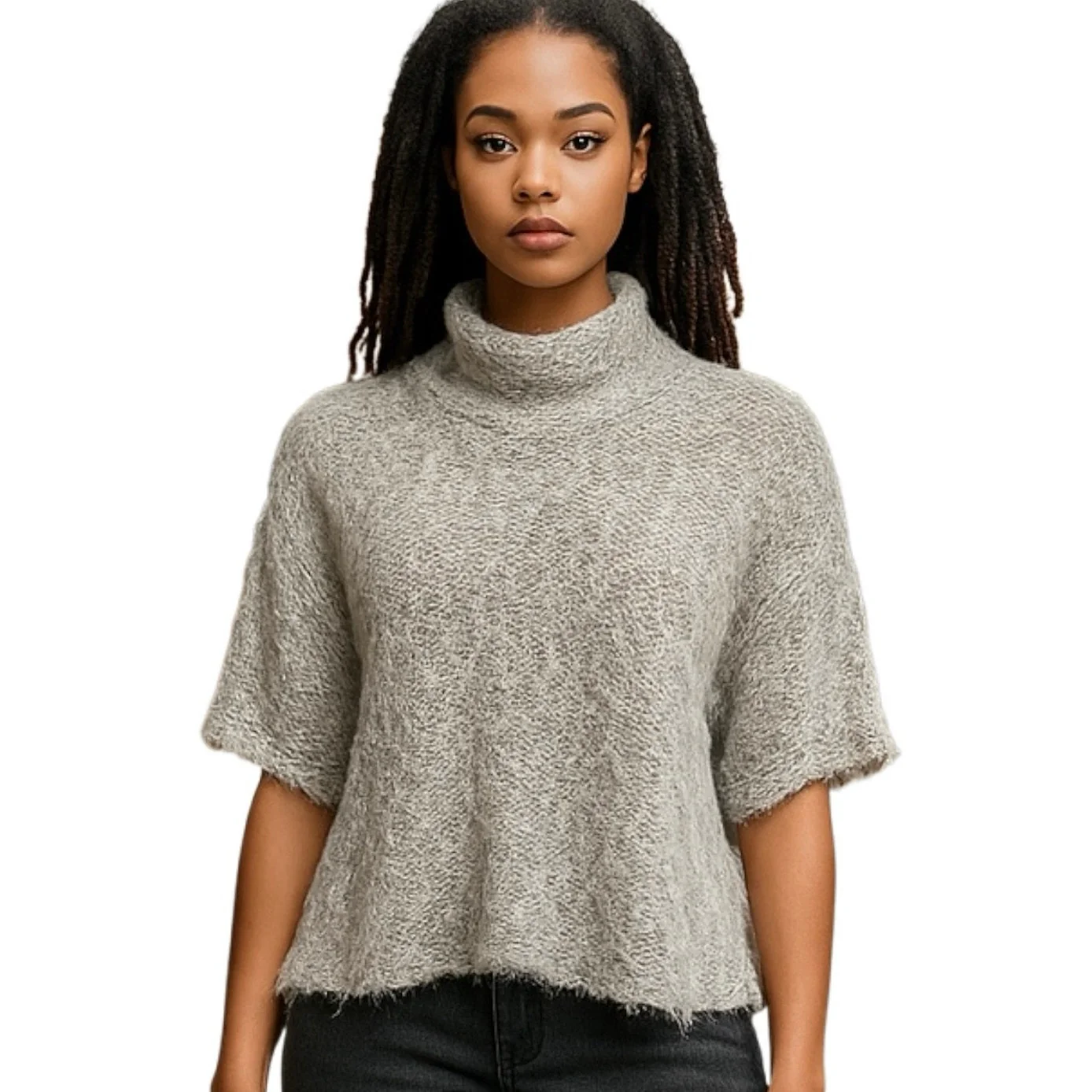 Stradivarius Gray Dolman Half Sleeve Fuzzy Eyelash Knit Zip Sweater Top Size S - Image 2