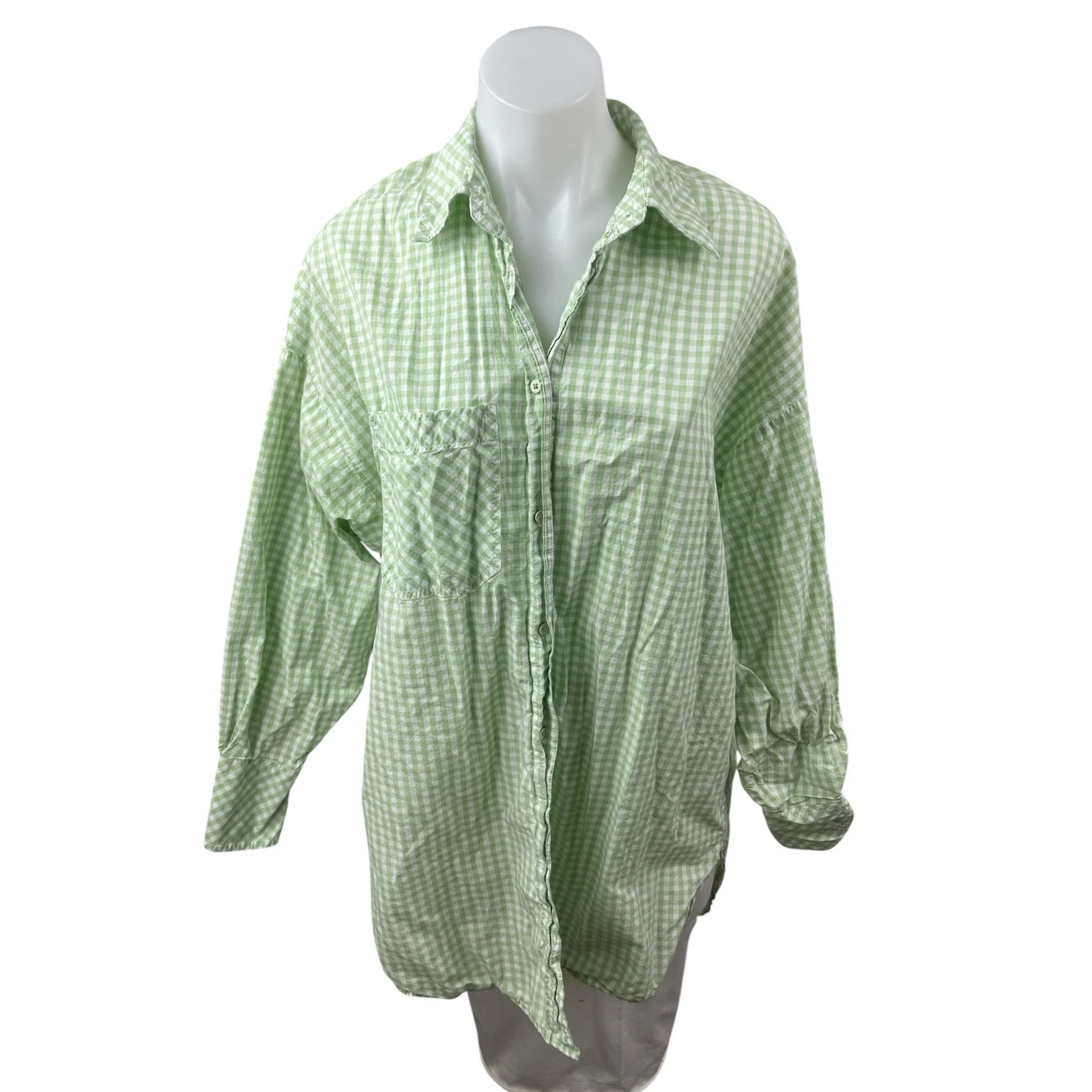 Stradivarius Green Gingham Check Collared Long Sleeve Button Down Shirt Top Sz S - Image 2