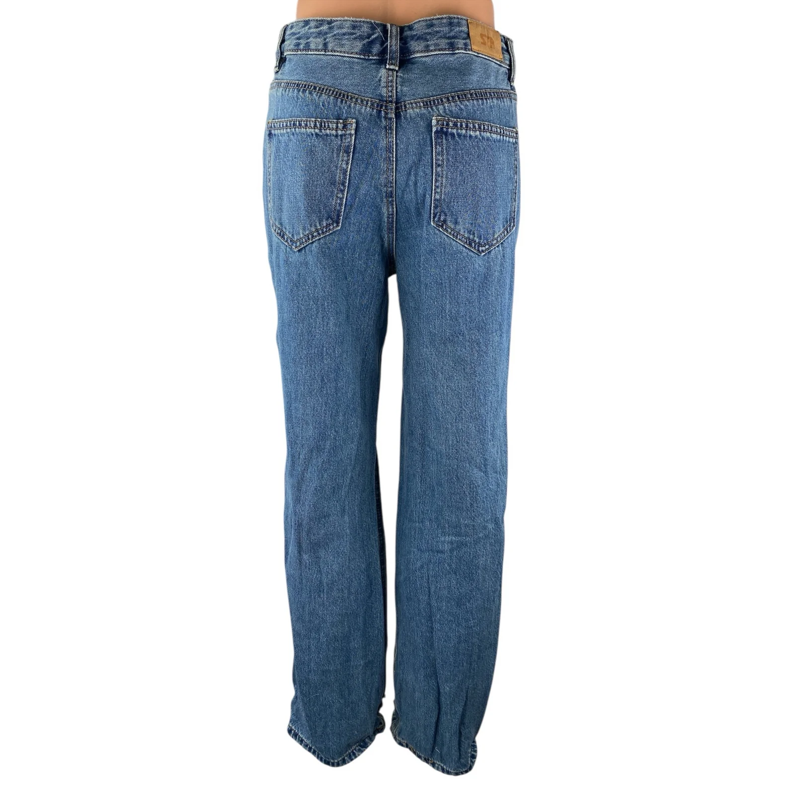Stradivarius STR Blue Distressed Baggy High Rise Flare Denim Jeans Pants Size 4 - Image 2
