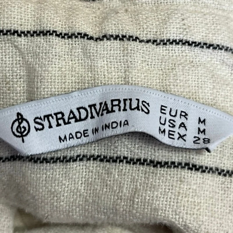 Stradivarius White Black Linen Striped Long Sleeve Button Down Shirt Top Size M - Image 3
