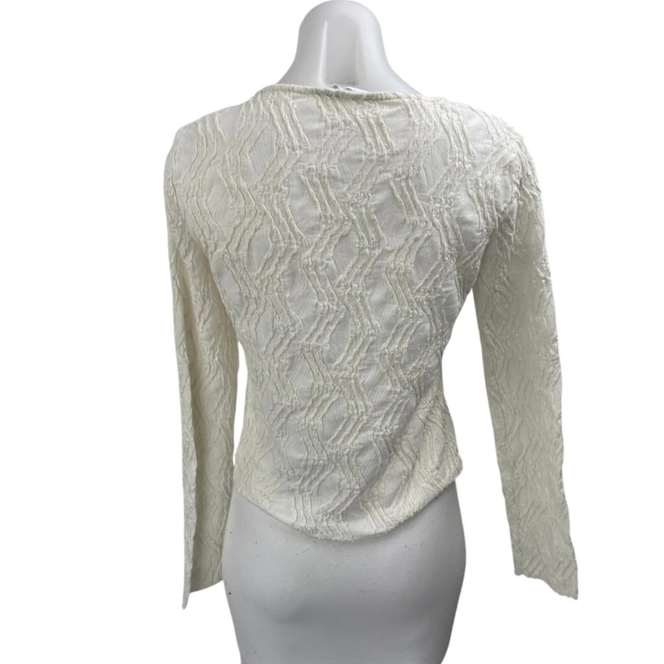 Stradivarius White Textured V-neck Tie Front Long Sleeve Crop Blouse Top Size S - Image 2
