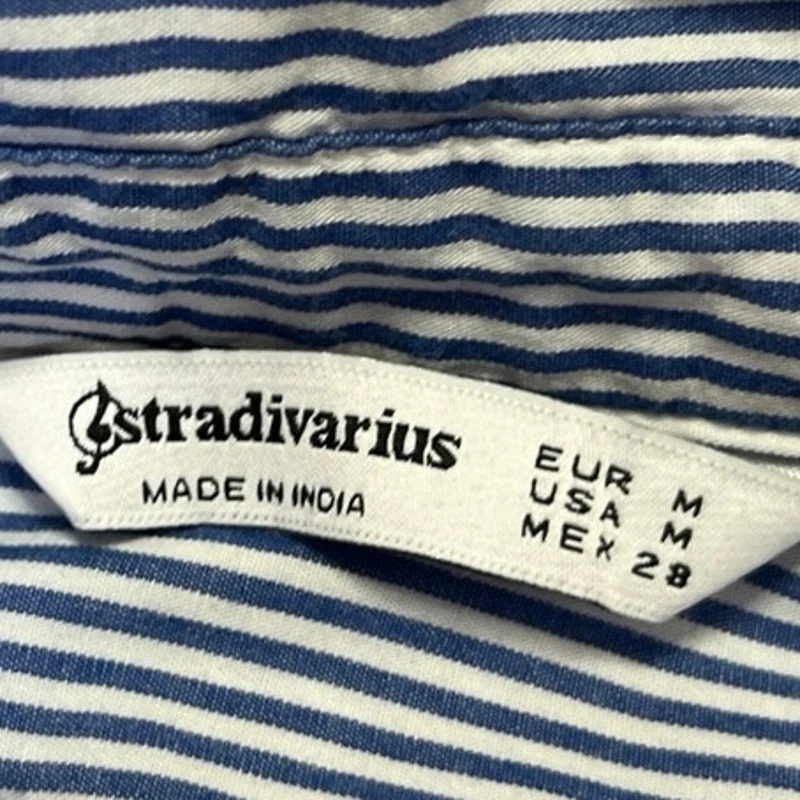 Stradivarius Women's Blue White Striped Long Sleeve Button Down Shirt Top Sz M - Image 3