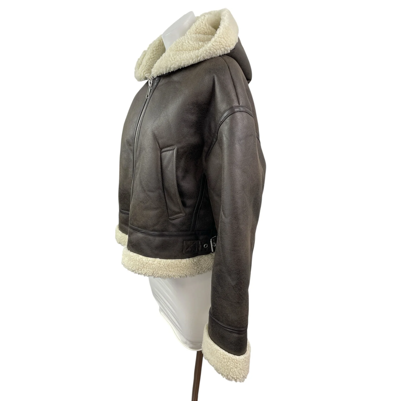 Stradivarius Women's Brown Fleece Sherpa Hoodie Full Zip Faux Leather Jacket L - Image 3