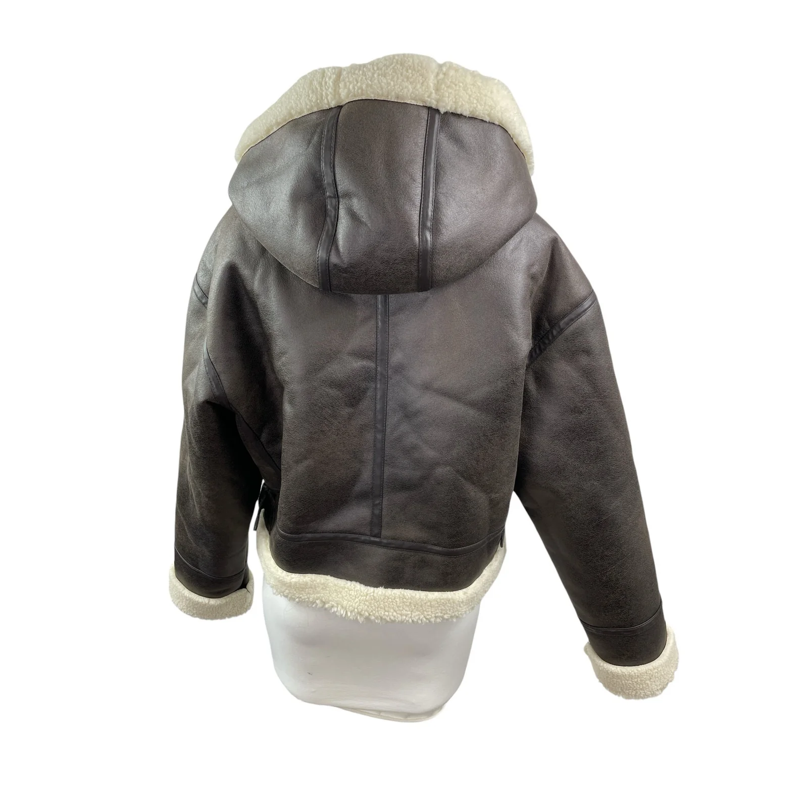 Stradivarius Women's Brown Fleece Sherpa Hoodie Full Zip Faux Leather Jacket L - Image 4