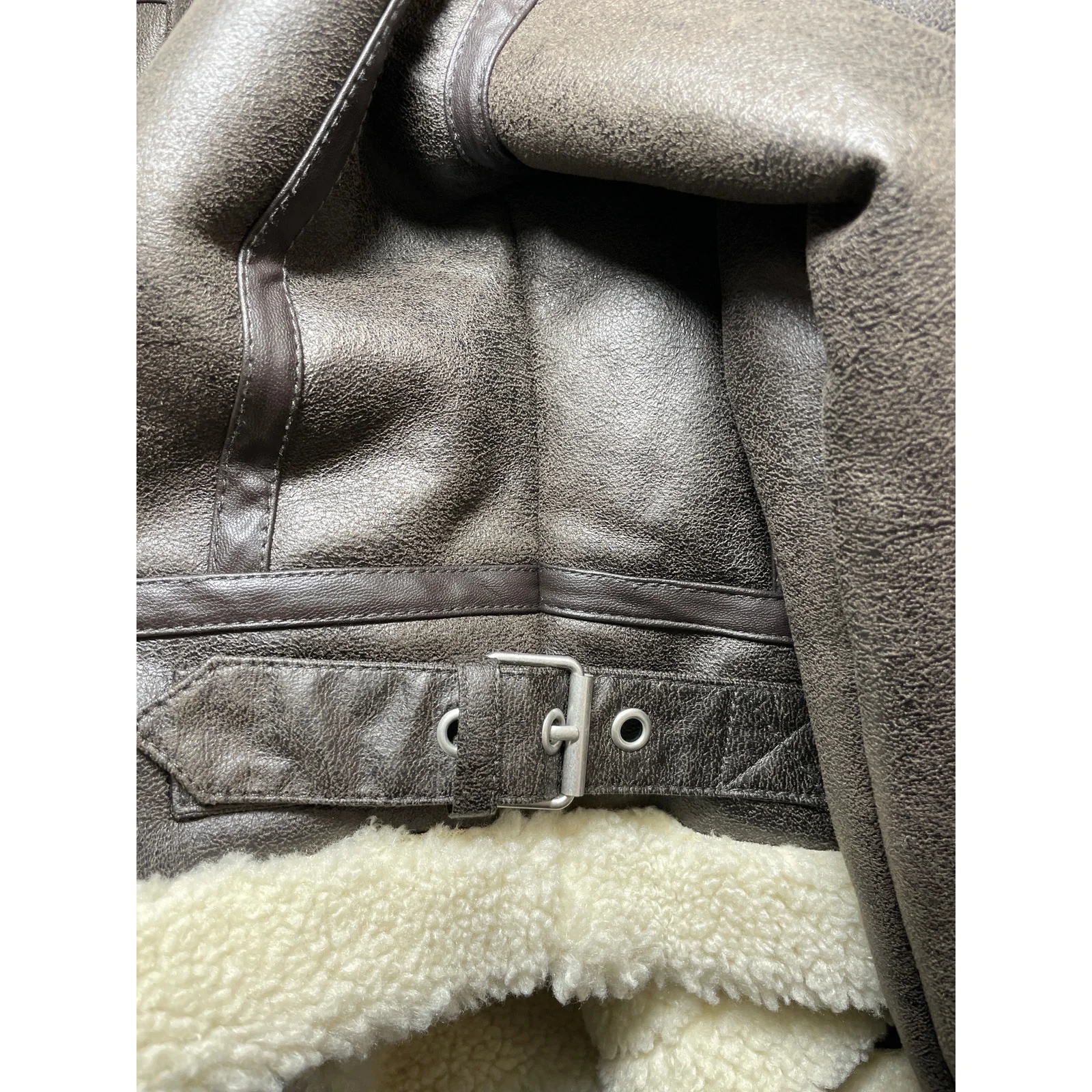 Stradivarius Women's Brown Fleece Sherpa Hoodie Full Zip Faux Leather Jacket L - Image 5