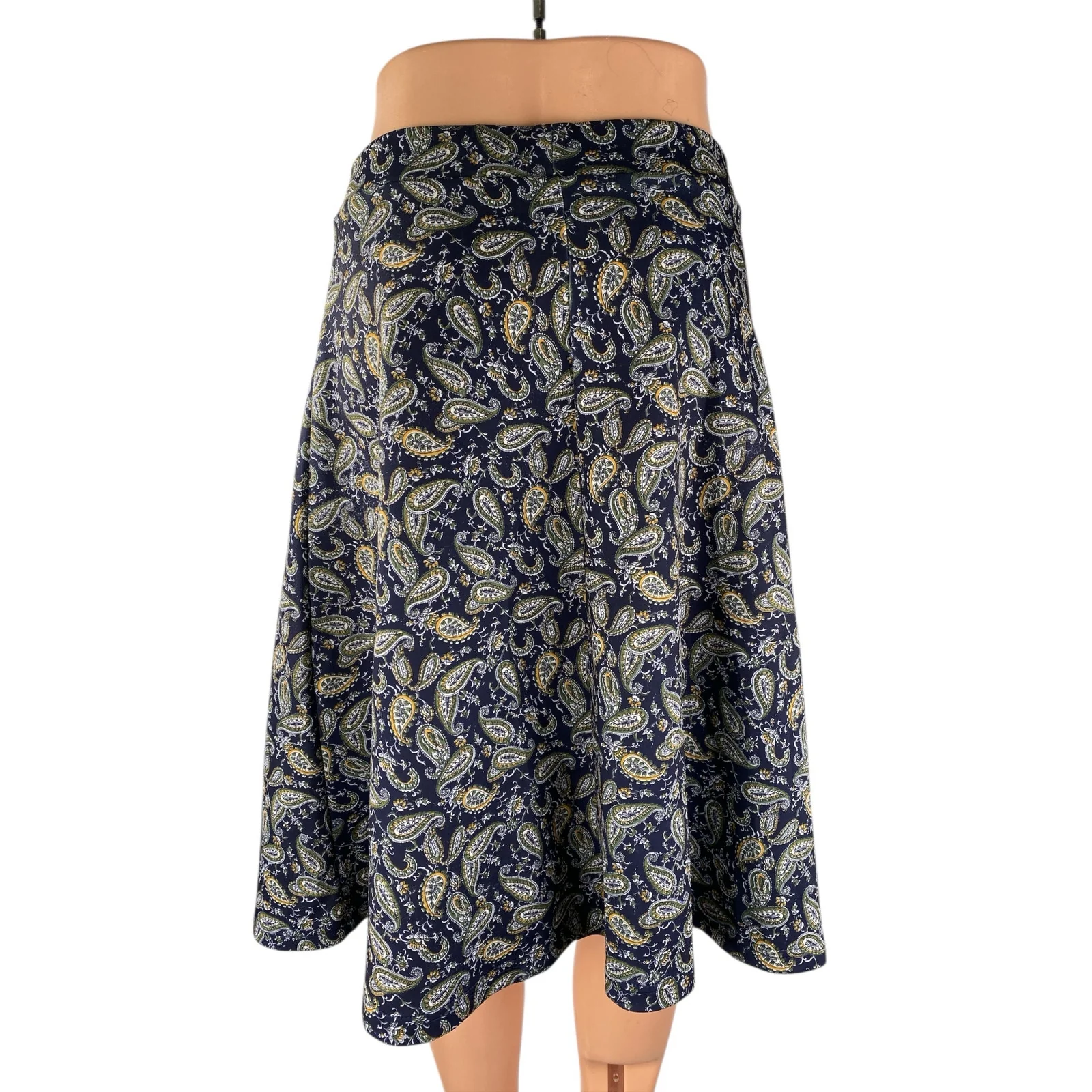Stradivarius Women's Navy Blue Paisley Print Flowy Midi Flare A-Line Skirt Sz M - Image 2
