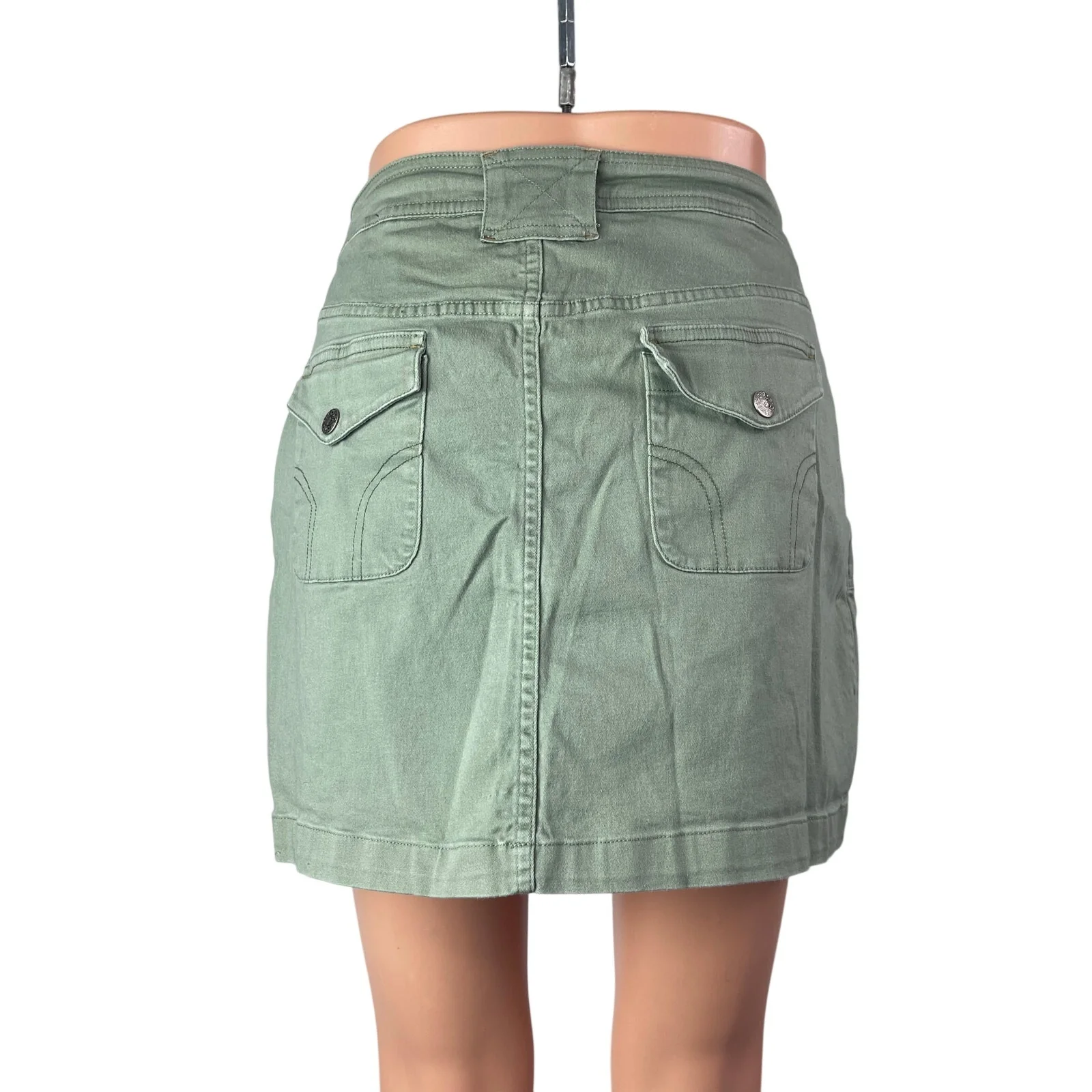 Stretch Women's Olive Green High Waisted Mini Utility Cargo Denim Skort Skirt 12 - Image 3