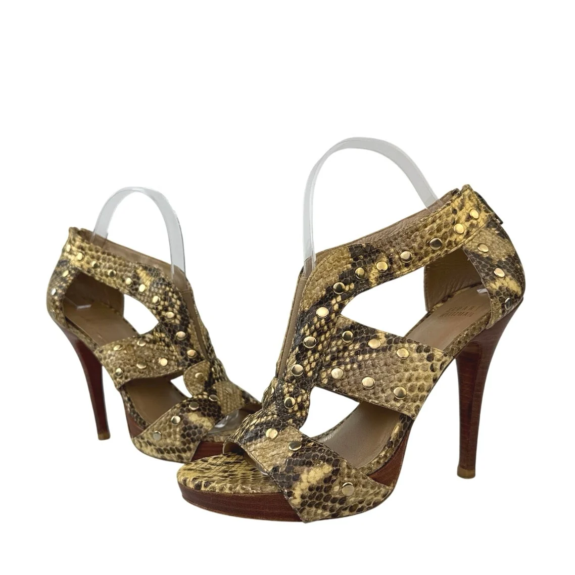 Stuart Weitzman Beige Gold Studded Snakeskin Leather High Heels Sandals Shoes 8 - Image 7