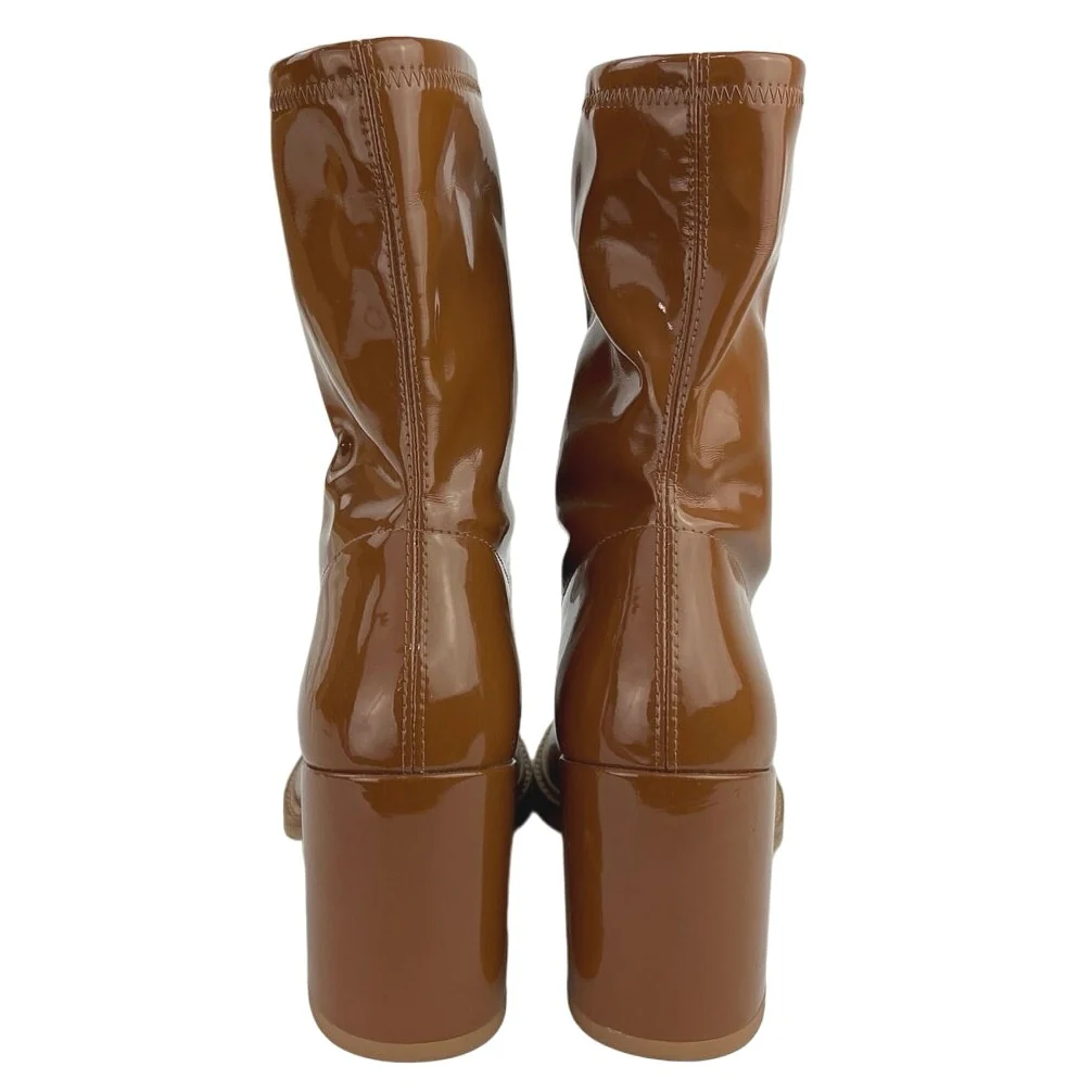 Stuart Weitzman Brown Patent Leather Chunky Dalenna Mid Calf Heeled Boots Size 6 - Image 3