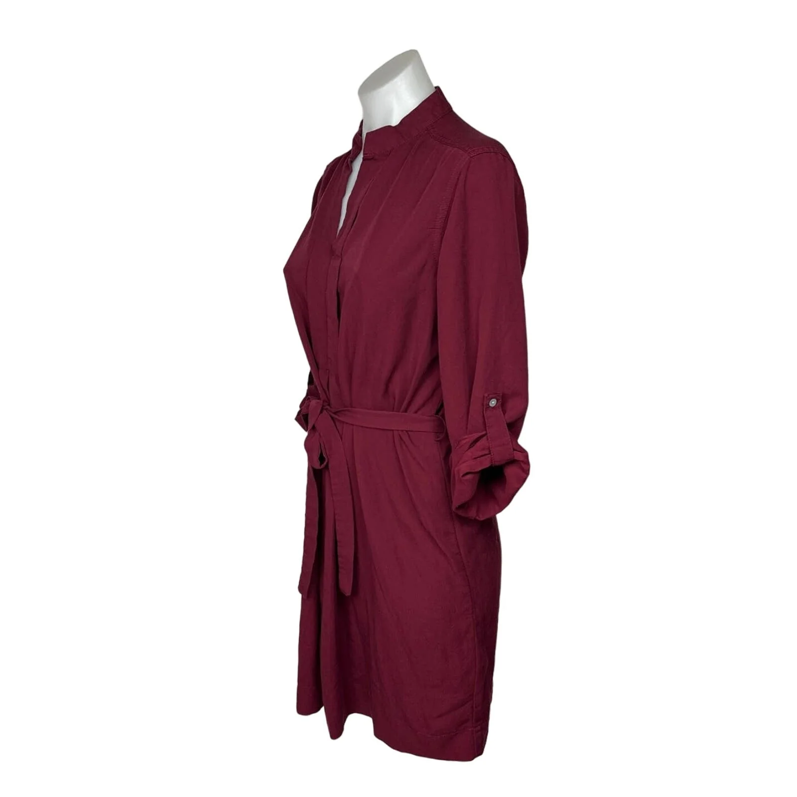Studio M Maroon Burgandy 3/4 Roll Tab Sleeve Tie Belt Mandarin Collar Dress Sz S - Image 2