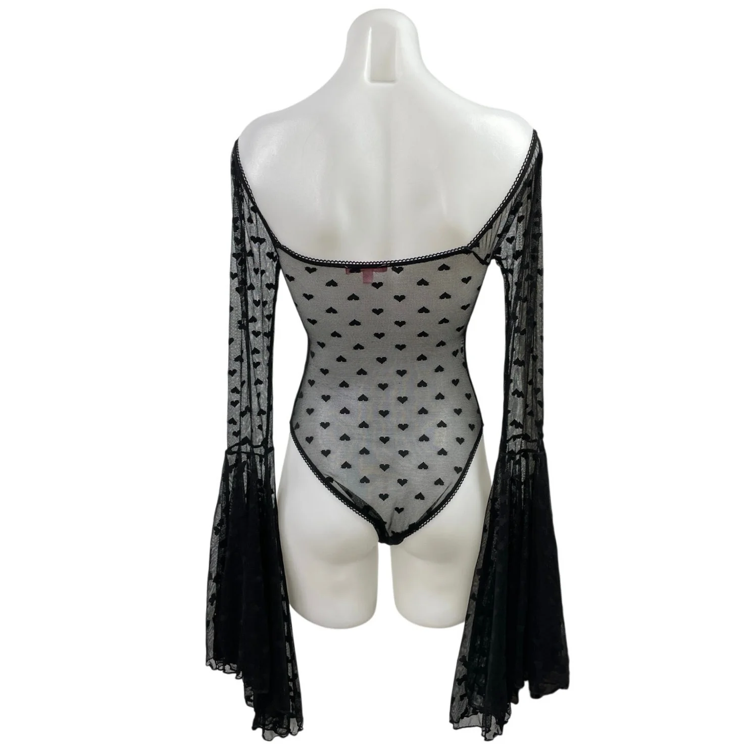 Sugar Thrills Women's Black Mesh Sheer Hearts Long Bell Sleeve Bodysuit Top XXS - Image 3
