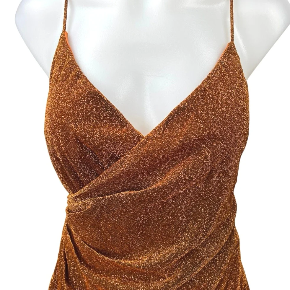 Superdown Delanie Brown Metallic Sleeveless Cami Camisole Mini Bodycon Dress M - Image 3