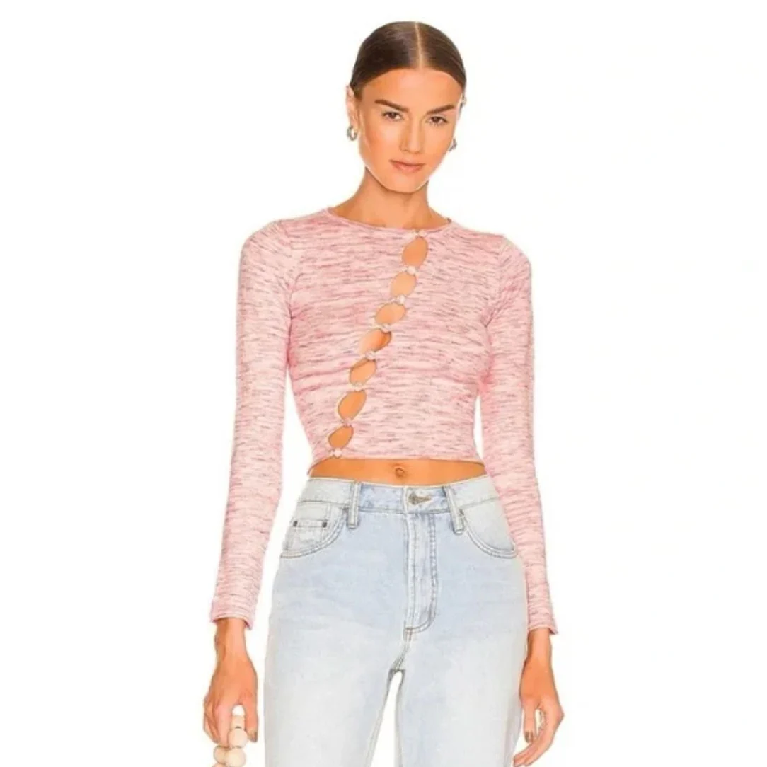Superdown Kai Pink Long Sleeve Asymmetric Button Front Cropped Sweater Top Sz M - Image 3