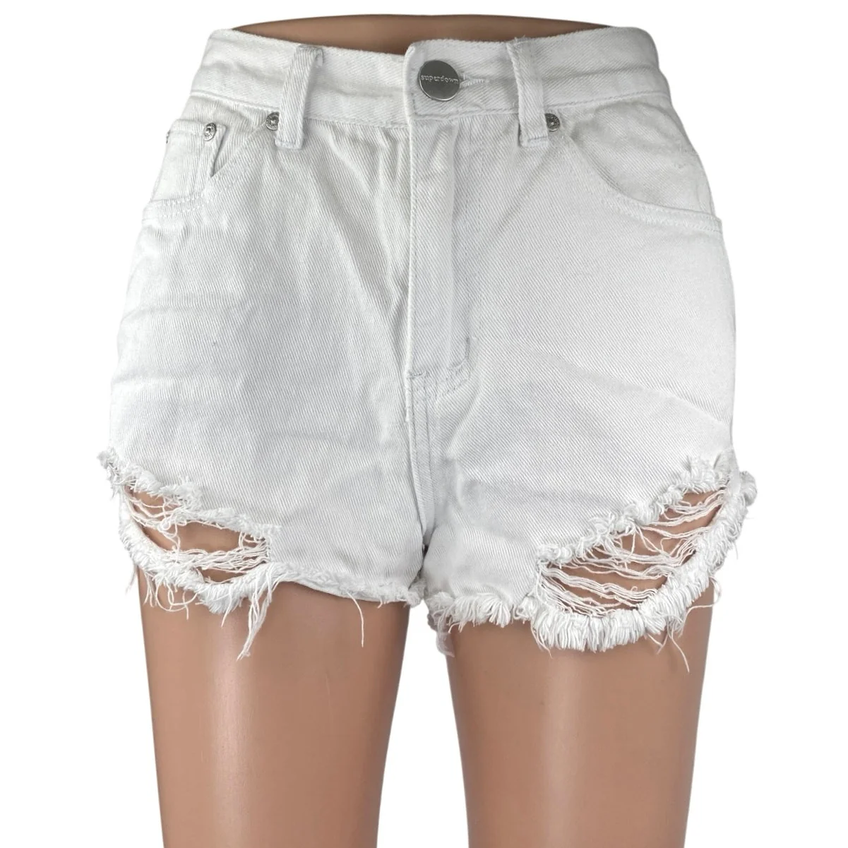 Superdown White Distressed Raw Hem High Waisted Denim Jeans Cutoff Shorts Sz 26