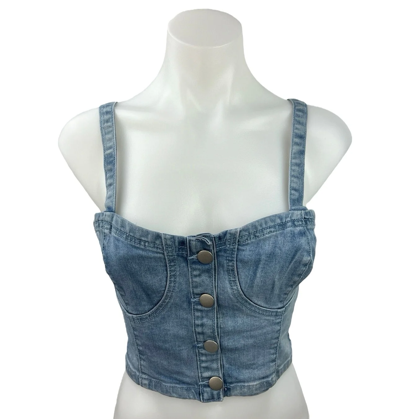 Superdown Women's Blue Denim Square Neck Button Front Cami Tank Crop Top Size M