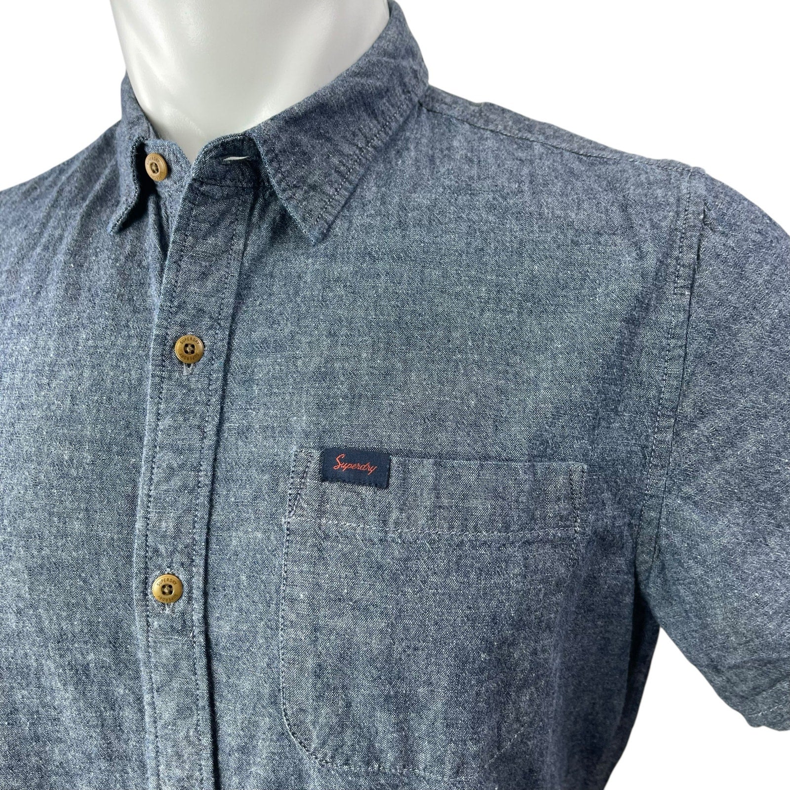 Superdry Men's Gray Short Sleeve Chest Pocket Button Down Shirt Top Size L - Image 3