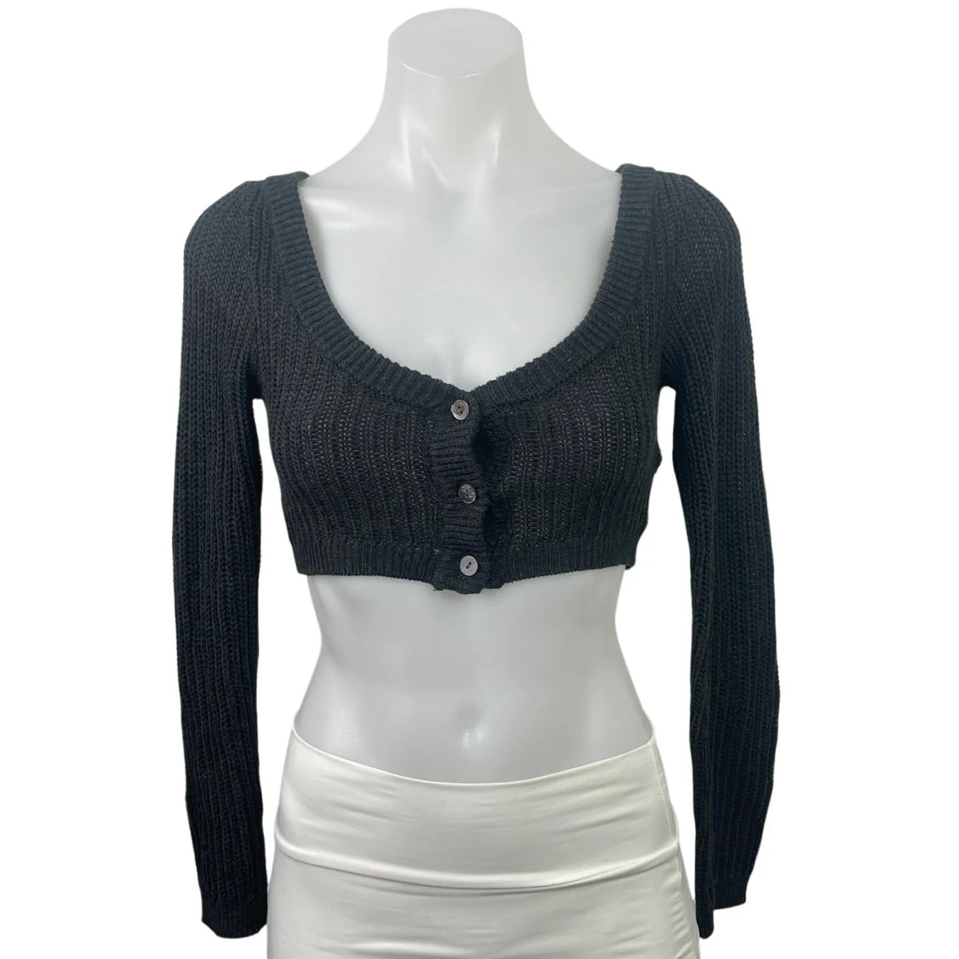 Sweet Chilling Gray Knit Long Sleeve Button Down Cardigan Crop Sweater Top Sz XS