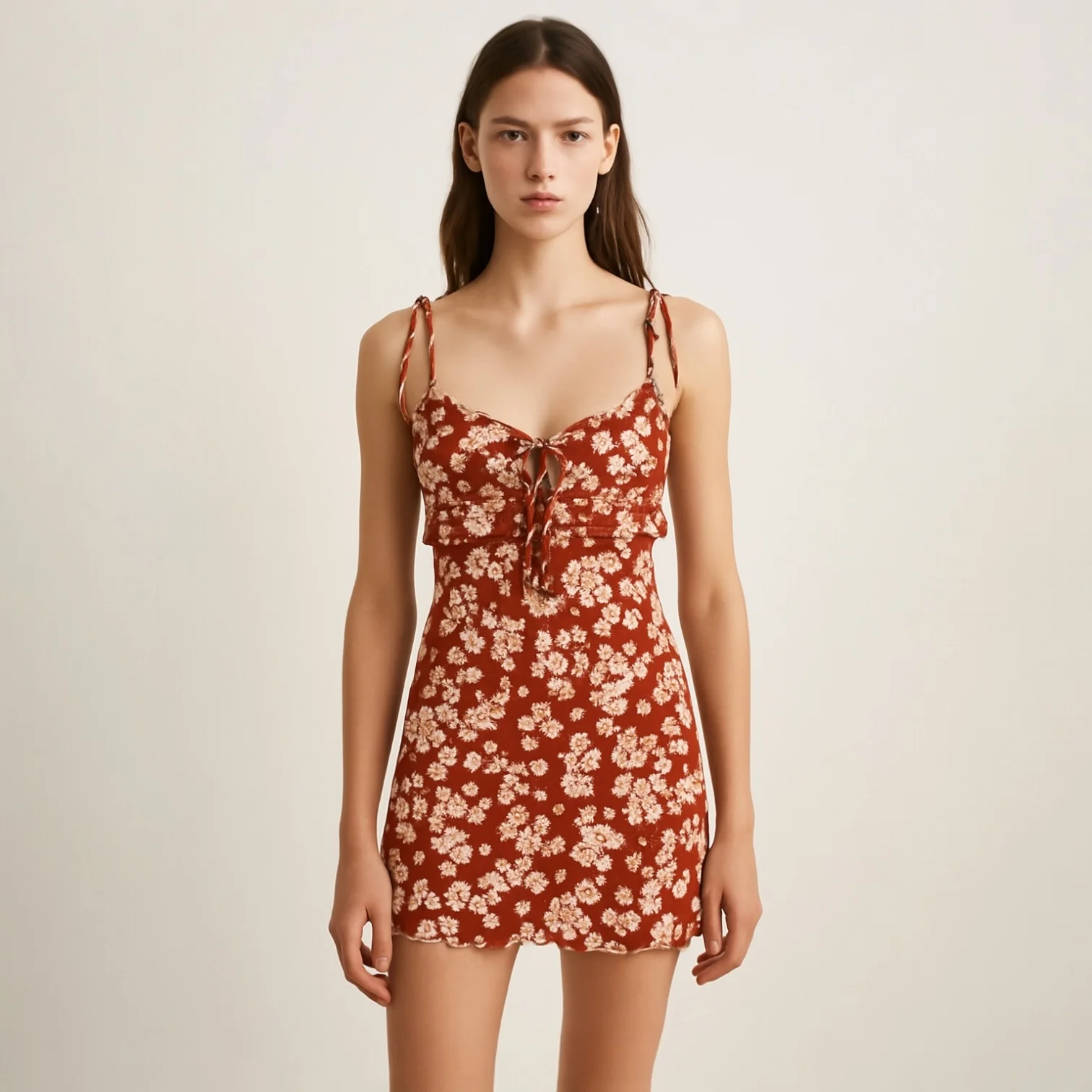Sweet Pot Red White Floral Sleeveless Tie Strap Cami Camisole Mini Tank Dress 10 - Image 2