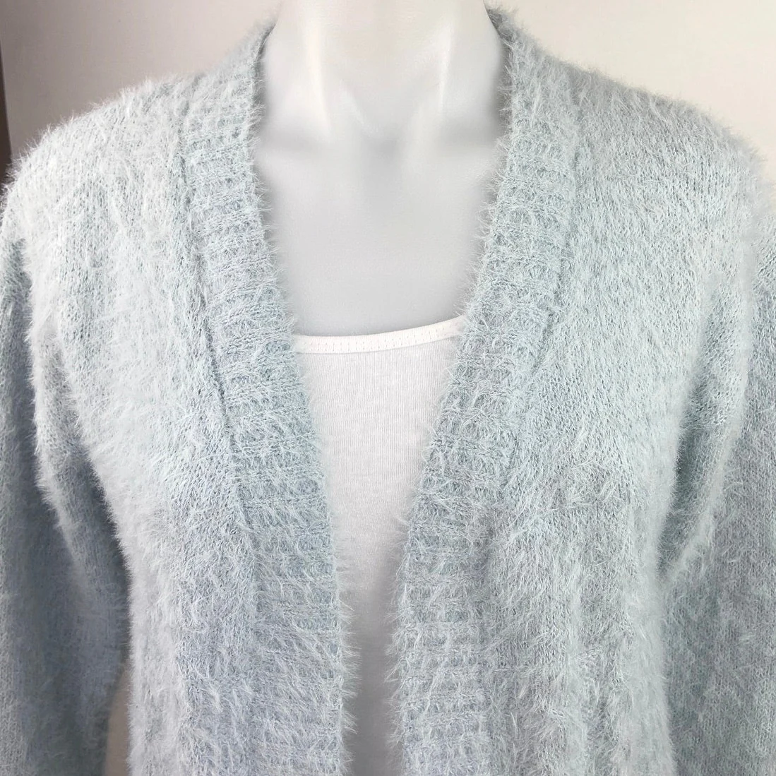 Sweet & Sinful Blue Mohair Eyelash Knit Cozy Open Cardigan Sweater Top Size S - Image 3