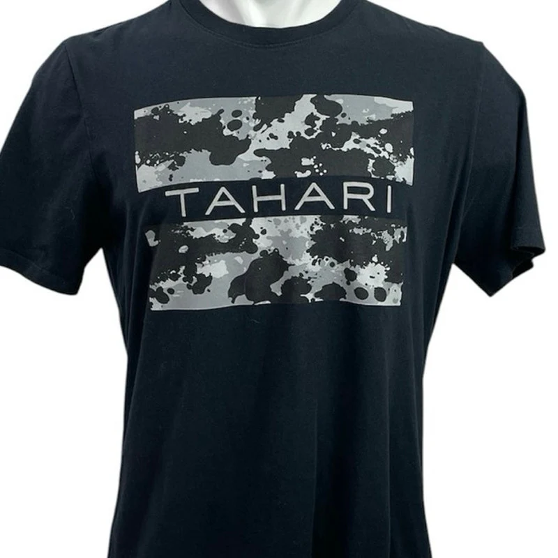 Tahari Men Black Camo Logo Graphic Short Sleeve Crew Neck T Shirt Tee Top Size M - Image 4