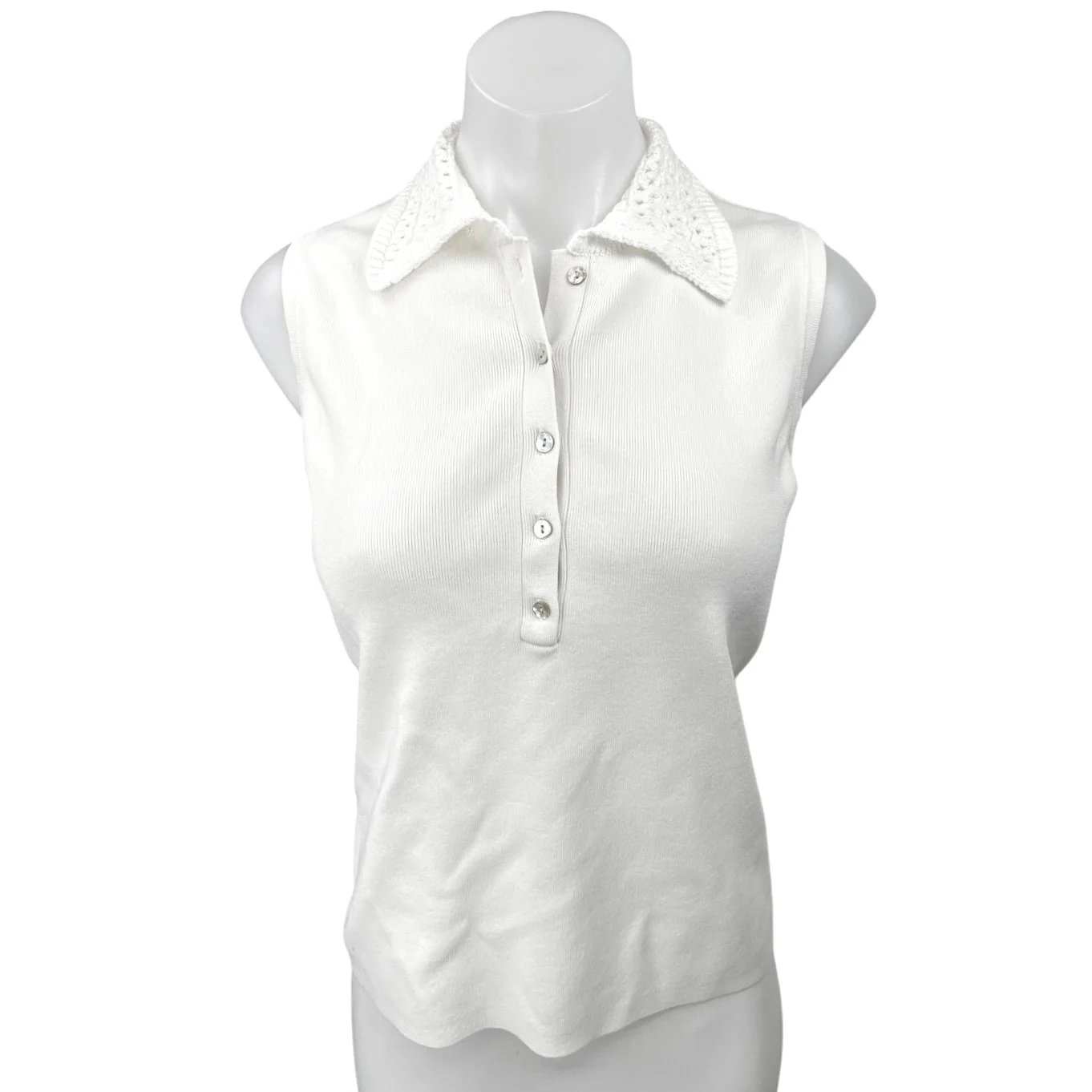 Tahari White Rib Knit Sleeveless Crochet Collar Button Polo Sweater Tank Top M