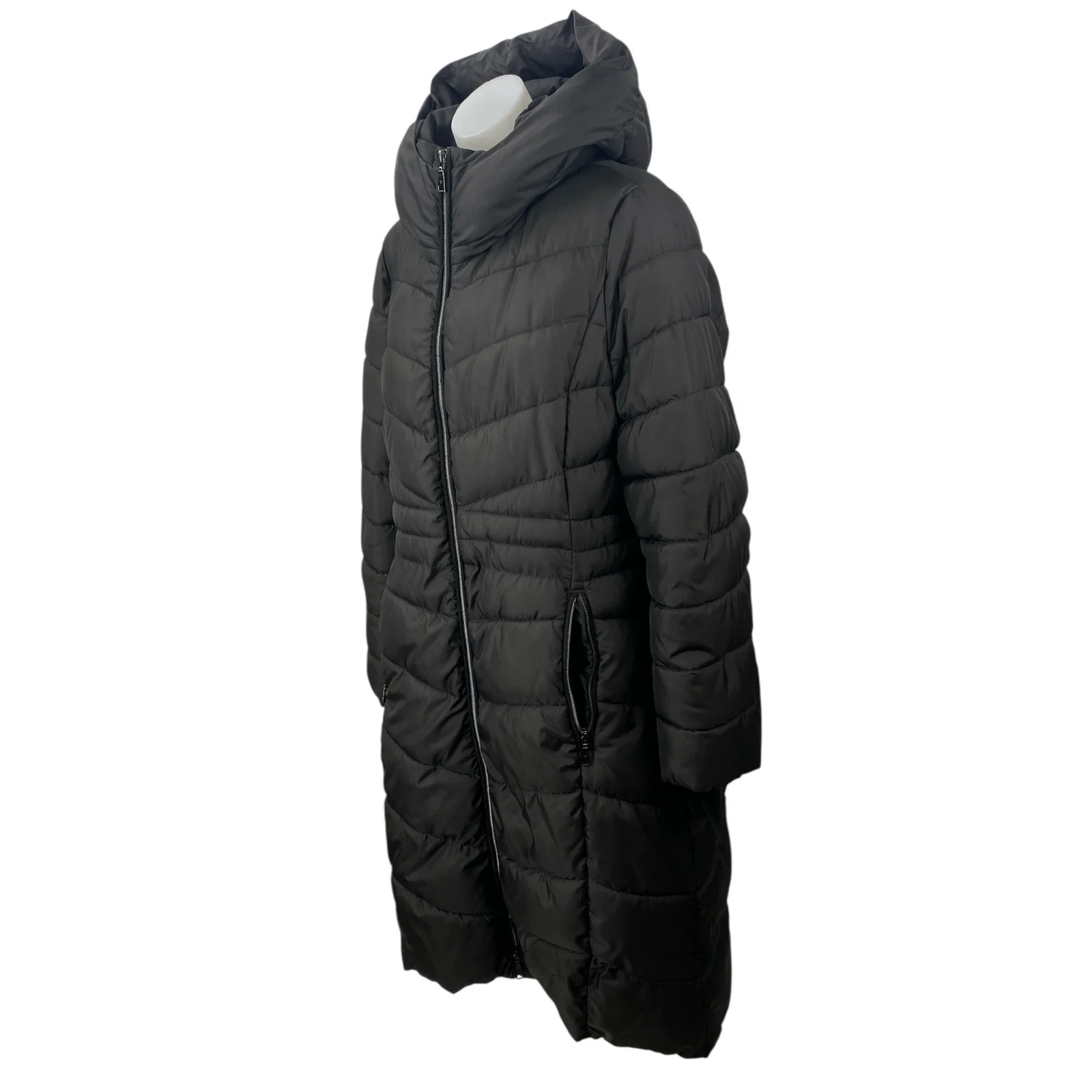 Tahari Womens Black Quilted Long Sleeve Hooded Fitted Puffer Parka Coat Jacket L - Image 3