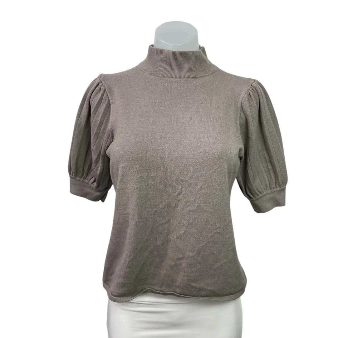 Tahari Women's Gray Turtle Neck Pleated Short Puff Sleeve Sweater Blouse Top M