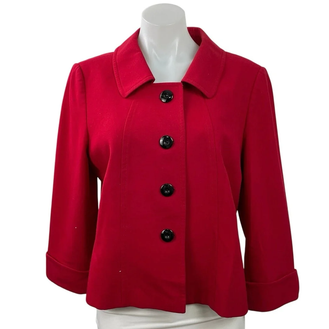 Tahari Women's Red Long Sleeve Button Down Collared Blazer Coat Jacket Size M