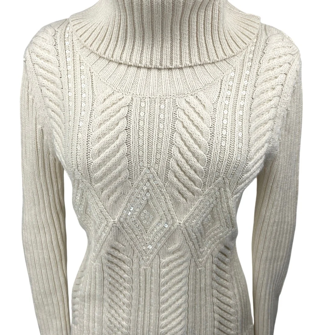 Talbots White Cable Knit Sequin Turtleneck Long Sleeve Pullover Sweater Top M - Image 3