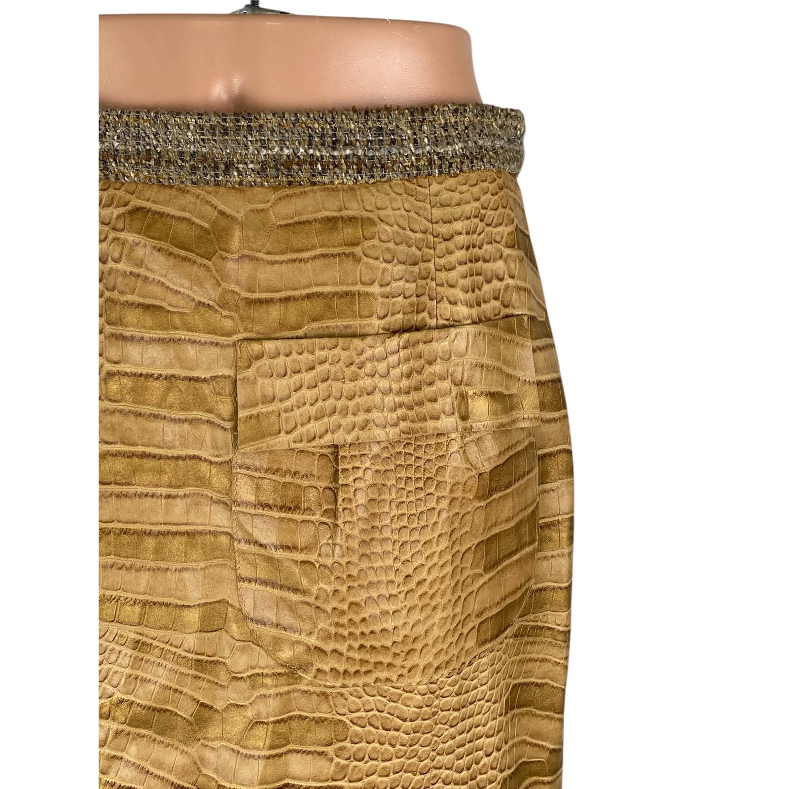 Tan Khaki Colorblock Croc-Embossed Faux Leather Vegan Pencil Mini Skirt Size 10 - Image 2