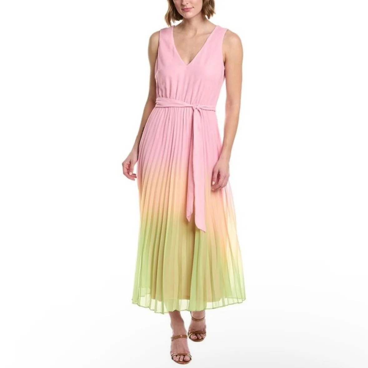 Taylor Ombre Orange Cambria Chiffon Pleated Tie Sleeveless Midi Dress Size M - Image 4
