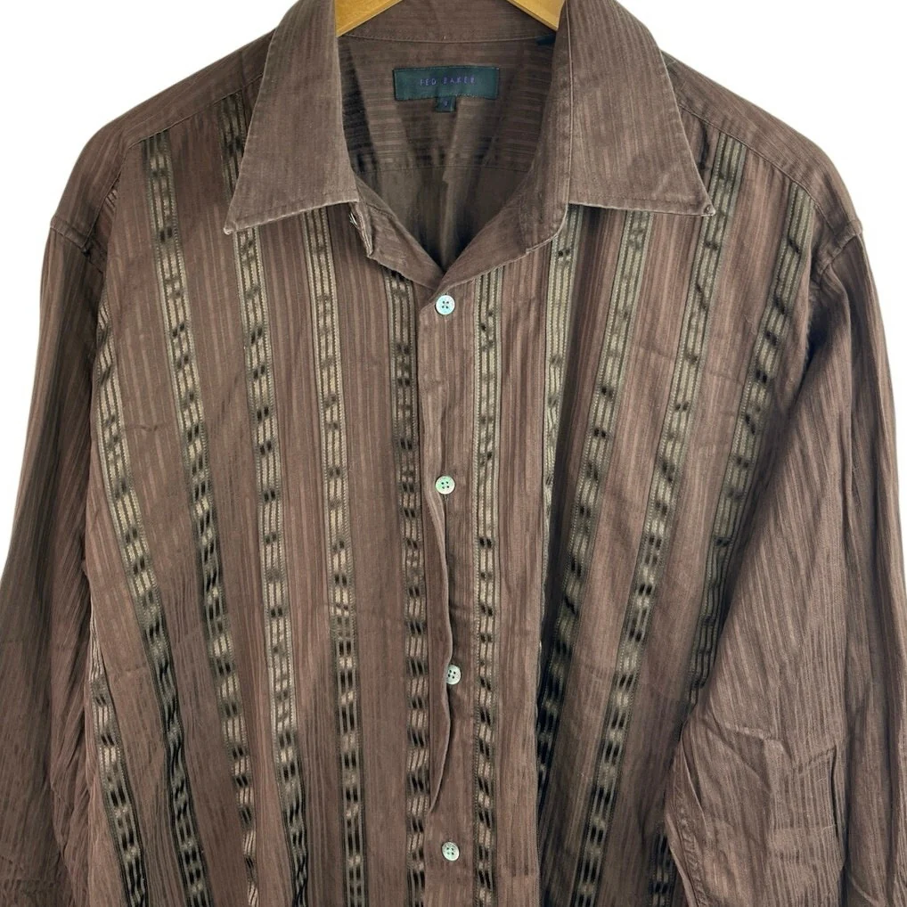 Ted Baker Men's Brown Striped Long Sleeve Button Down Dress Shirt Top Size 6 - Image 3