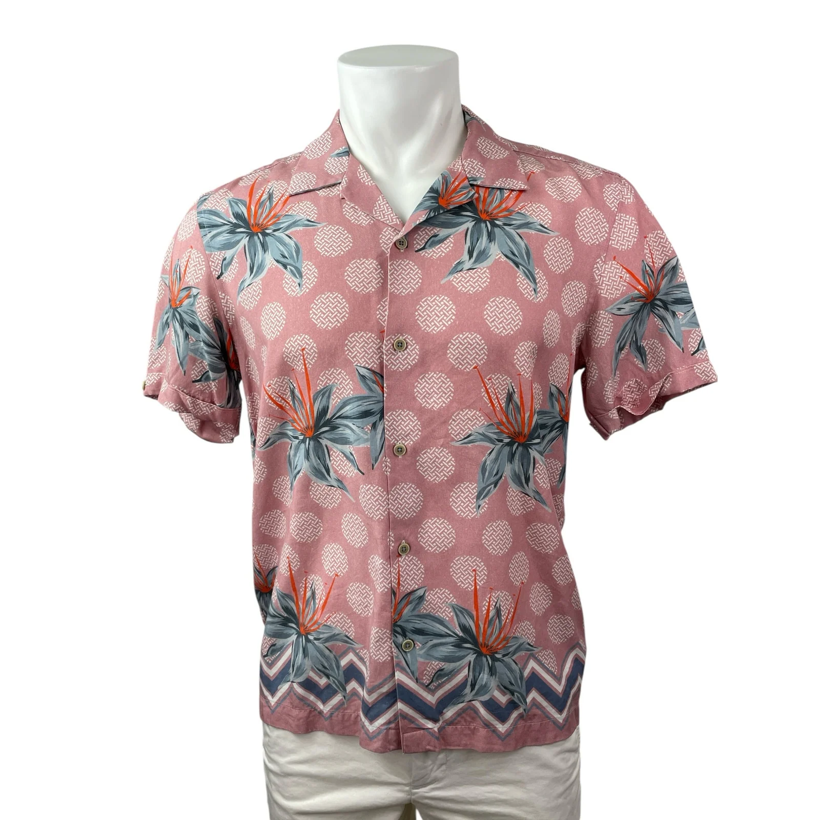 Ted Baker Men's Red Floral Polka Dots Short Sleeve Button Down Shirt Top Size M