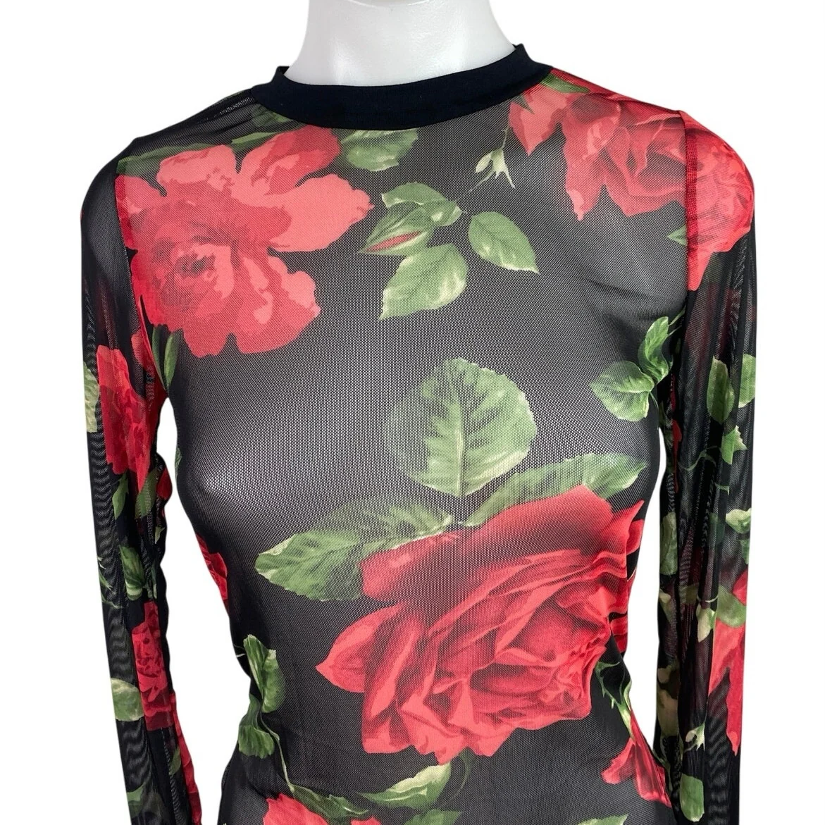 Teenbell Black Red Floral Mesh Sheer Long Sleeve High Neck Bodysuit Top One Size - Image 3