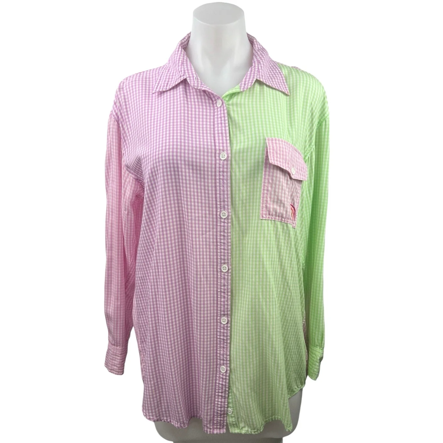 Terez Multi Colorblock Gingham Collared Long Sleeve Button Up Shirt Top Size S