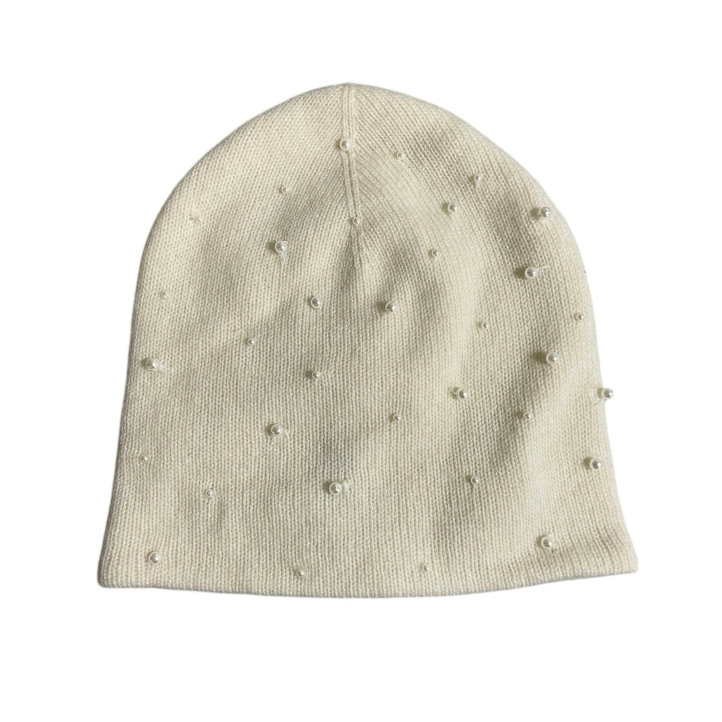 The Cashmere Project Cream 100% Cashmere Knit Beaded Pearl Bonnet Beanie OS