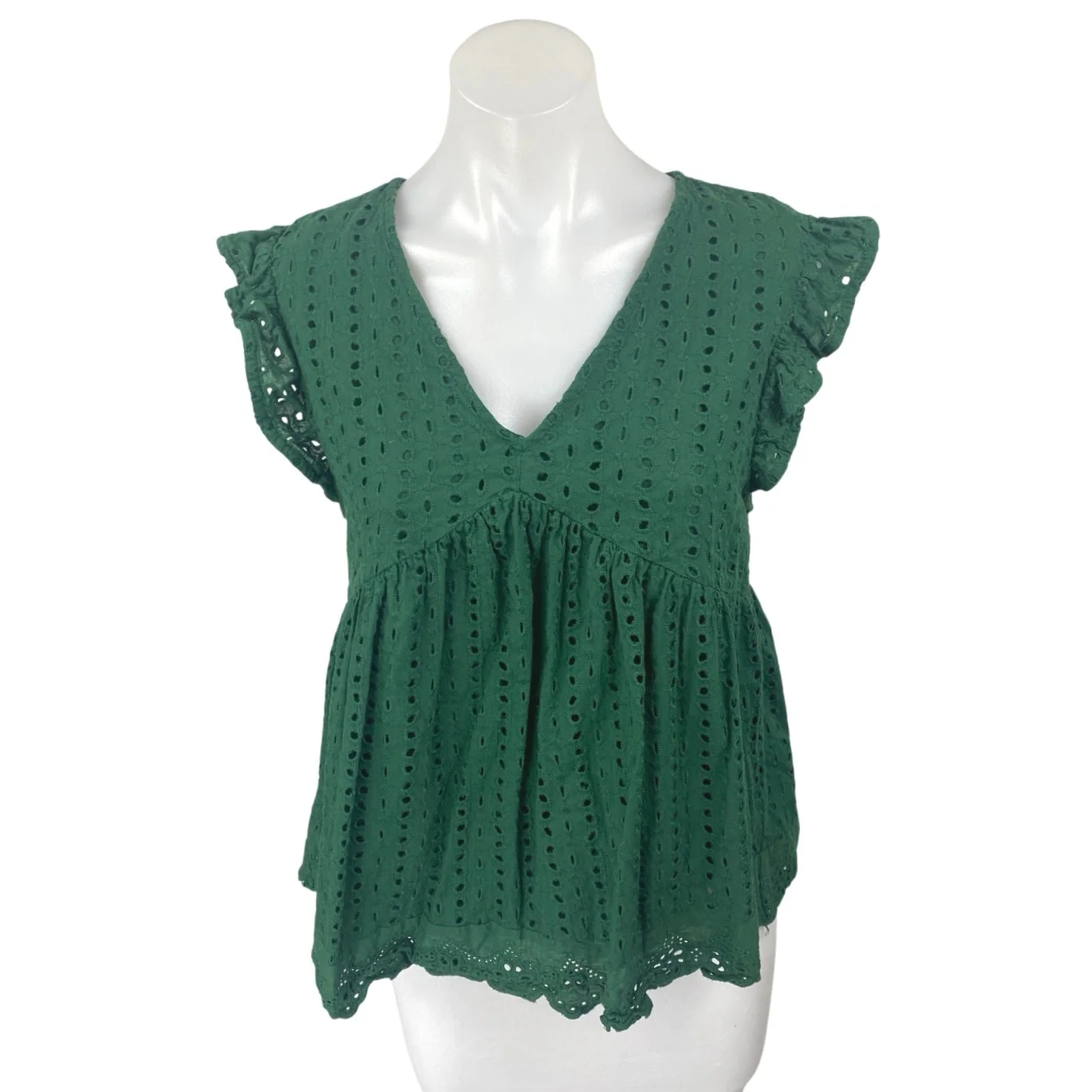 The Impeccable Pig Green Embroidered Eyelet Ruffle Babydoll Blouse Top Size M