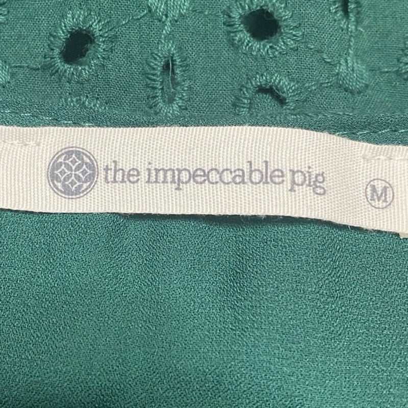 The Impeccable Pig Green Embroidered Eyelet Ruffle Babydoll Blouse Top Size M - Image 3
