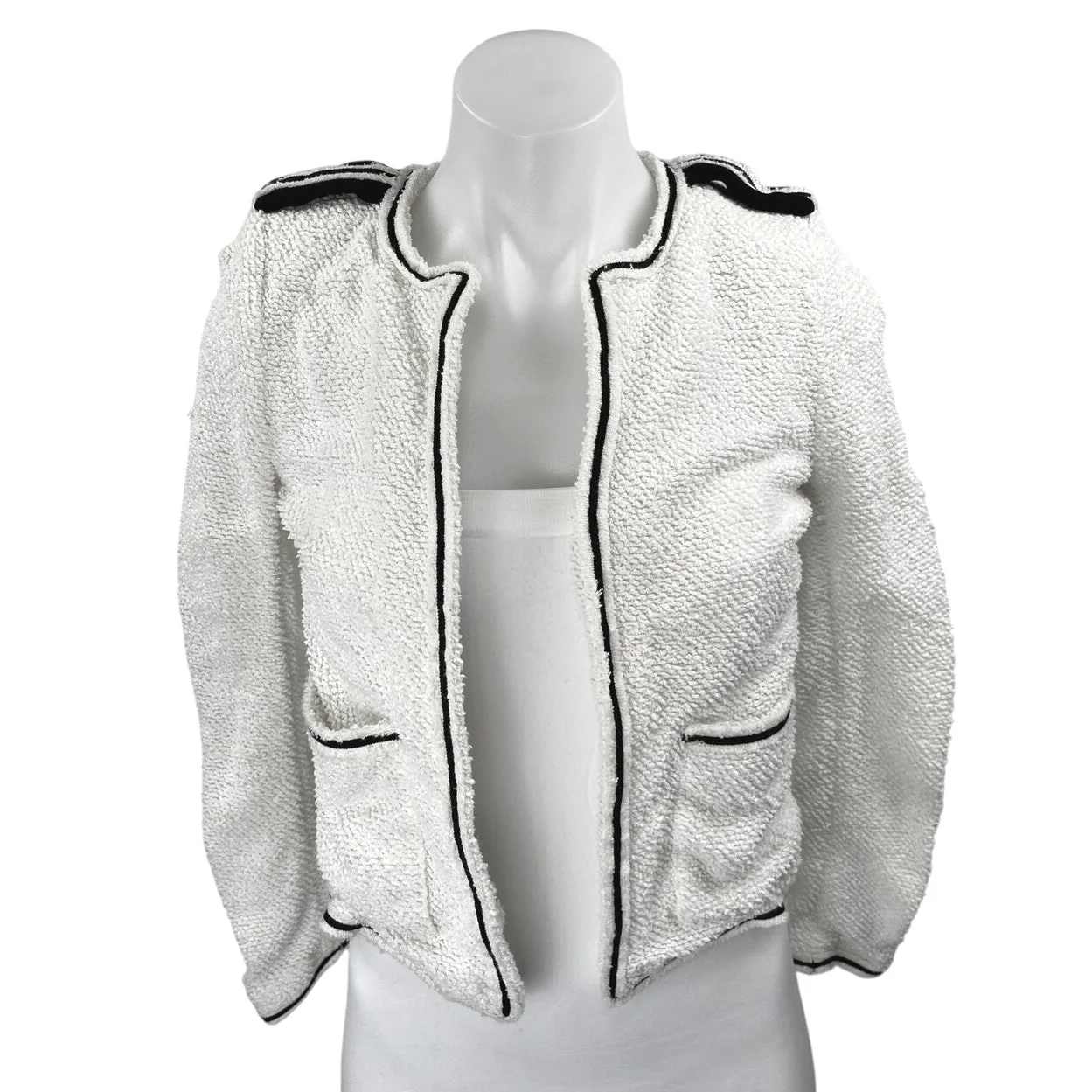 The Kooples Women's White Boucle Knit Open Front Crop Blazer Coat Jacket Size XS