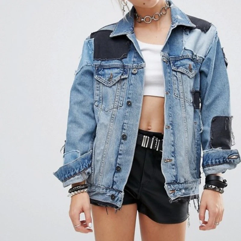 The Ragged Priest Women's Blue Patchwork Oversized Denim Jean Jacket Size S - Image 3