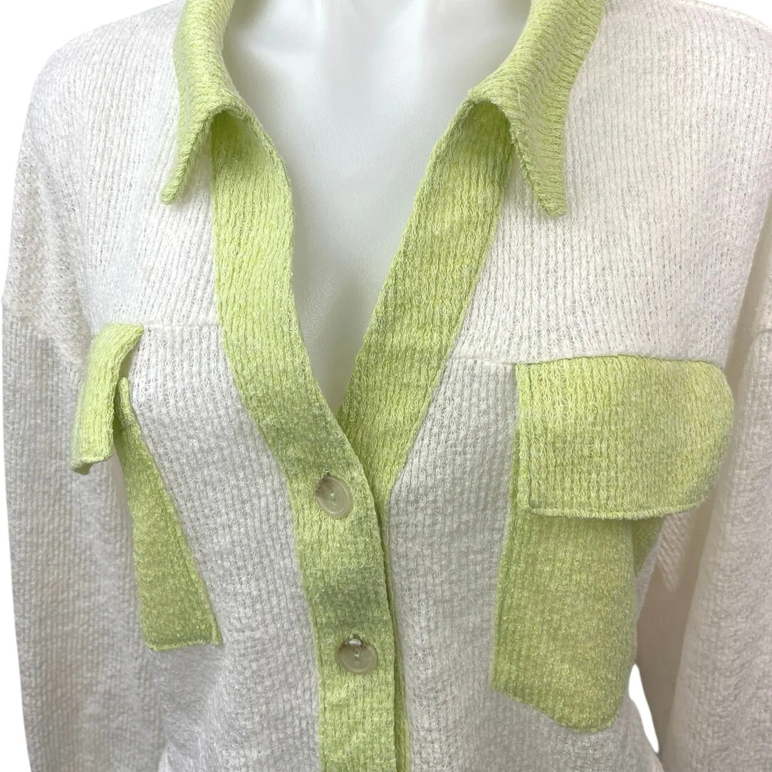 The Shoppe White Green Collared Pocket Button Up Cardigan Sweater Top Size L - Image 3