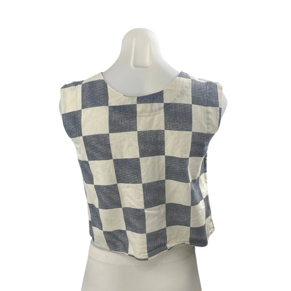 The Workshop Gray Cream Linen Checkered Sleeveless Henley Shirt Tank Top Size S - Image 3