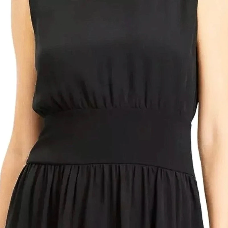 Theory Black 100% Silk Crew-Neck Sleeveless Shirred A-Line Mini Shift Dress Sz 2 - Image 6