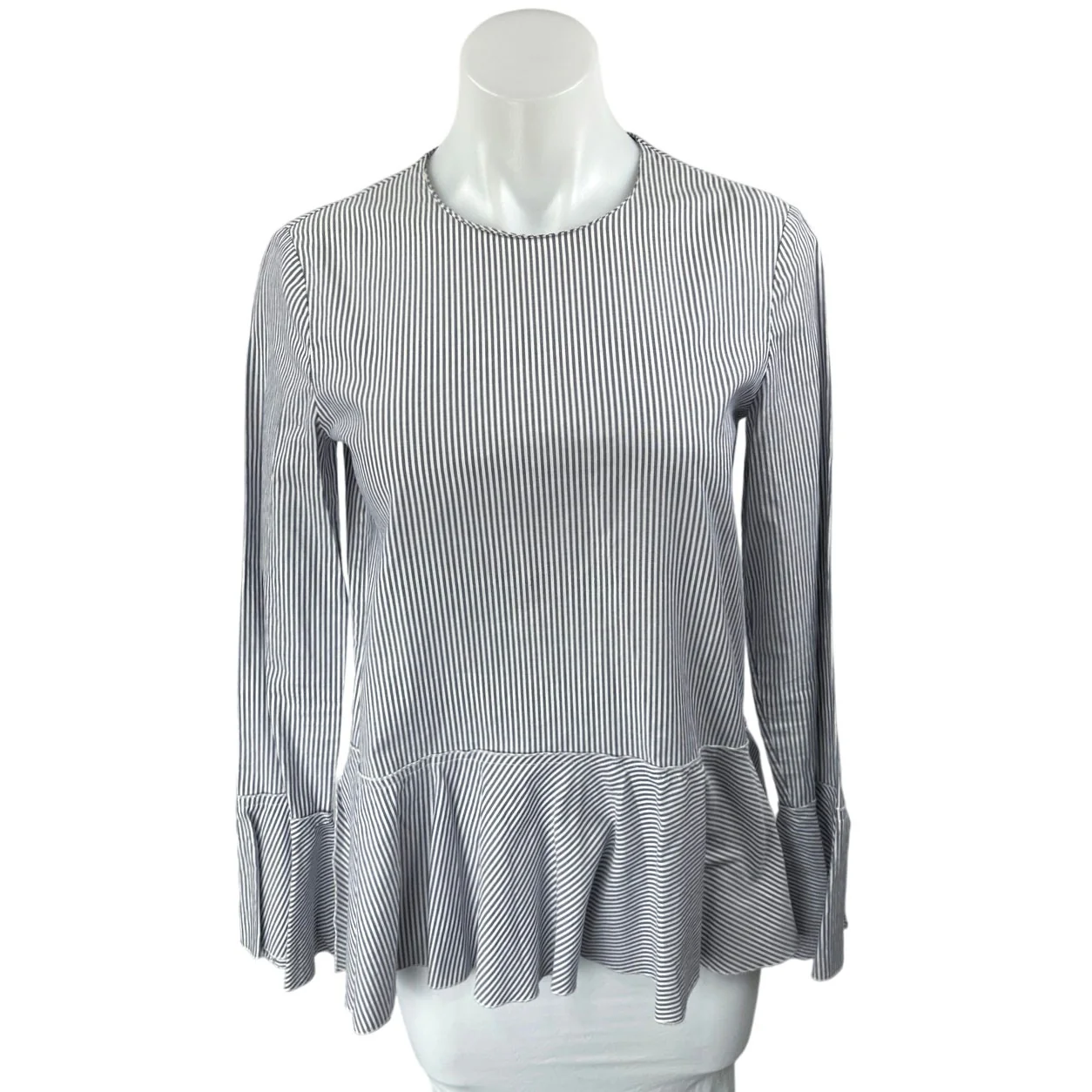 Theory Lexanda Mason White Blue Striped Long Bell Sleeve Peplum Blouse Top Sz XS